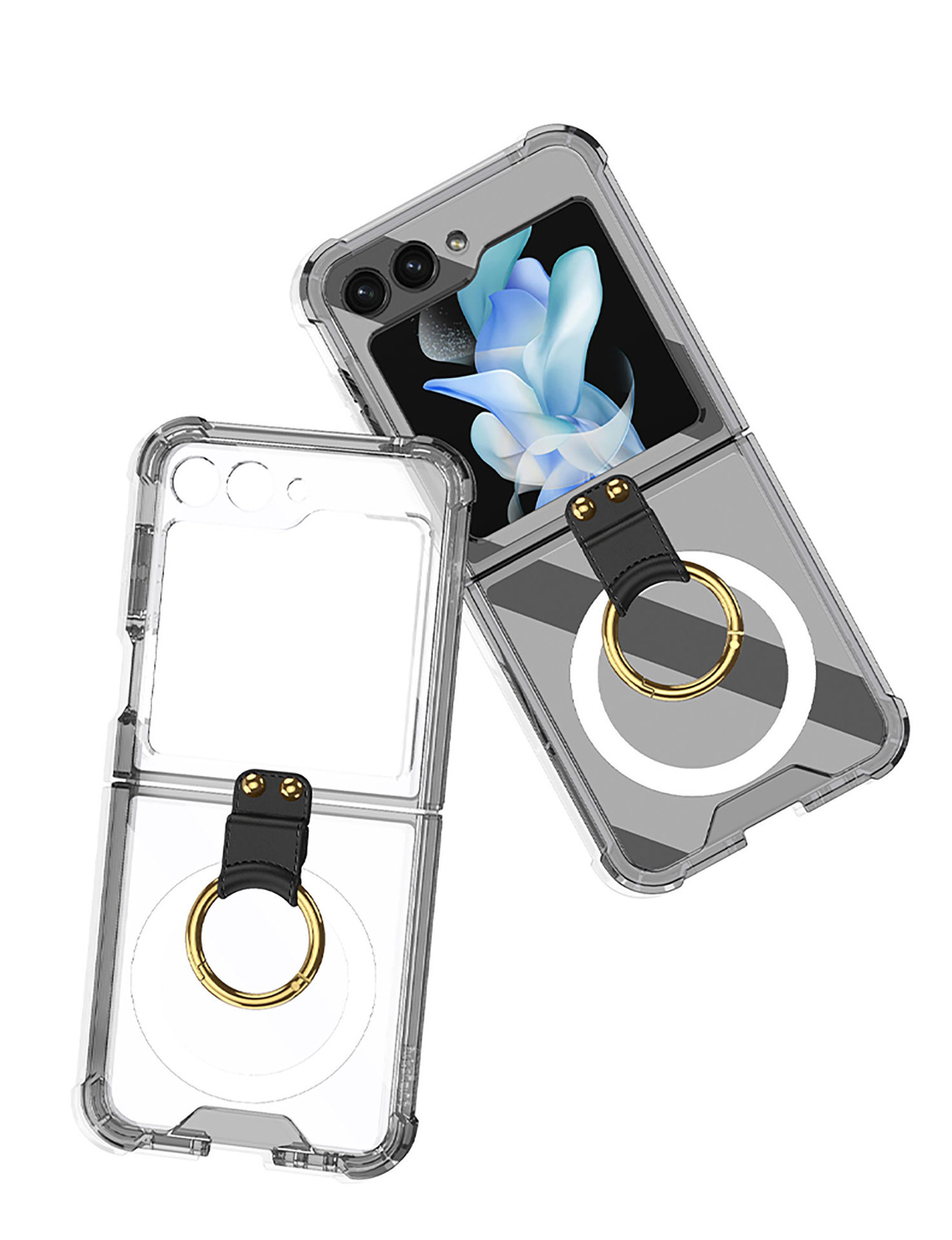 Compatible with Samsung Z Flip 5/6/7 phone cases, wireless charging, transparent airbag ring, foldable screen, drop-proof protective case.