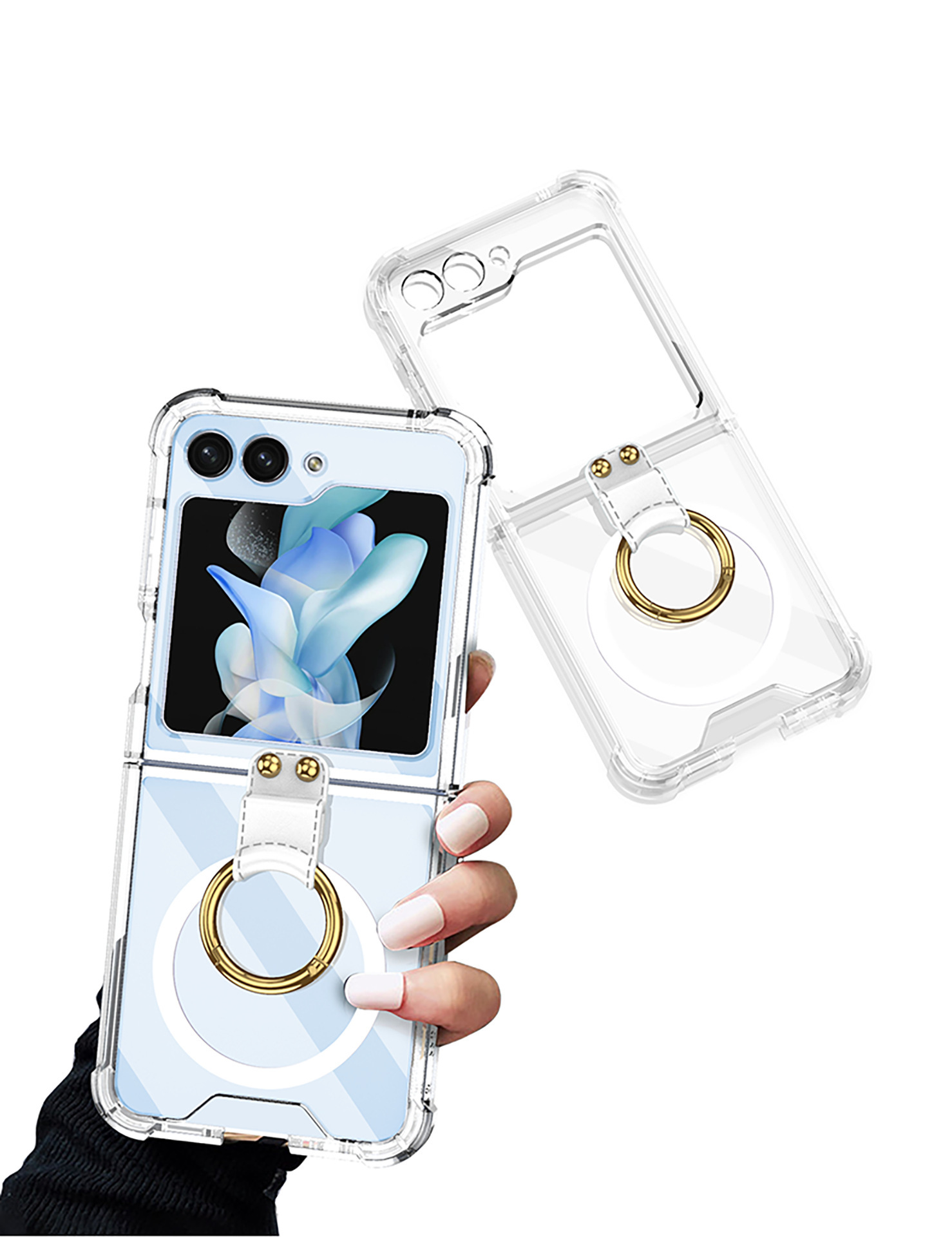 Compatible with Samsung Z Flip 5/6/7 phone cases, wireless charging, transparent airbag ring, foldable screen, drop-proof protective case.