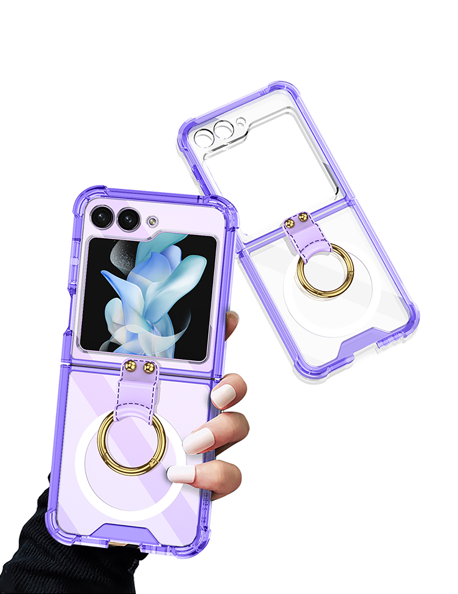 Compatible with Samsung Z Flip 5/6/7 phone cases, wireless charging, transparent airbag ring, foldable screen, drop-proof protective case.