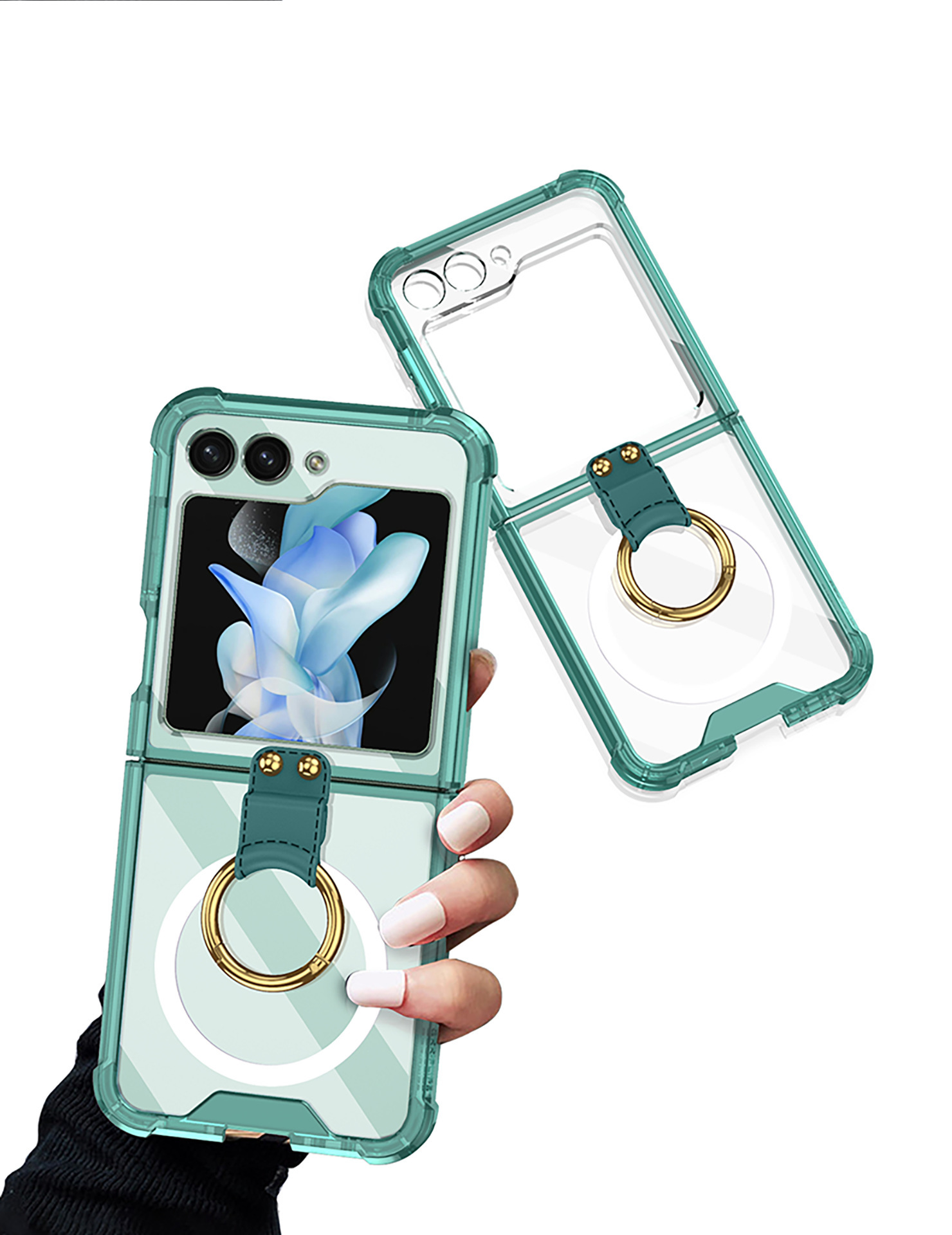 Compatible with Samsung Z Flip 5/6/7 phone cases, wireless charging, transparent airbag ring, foldable screen, drop-proof protective case.