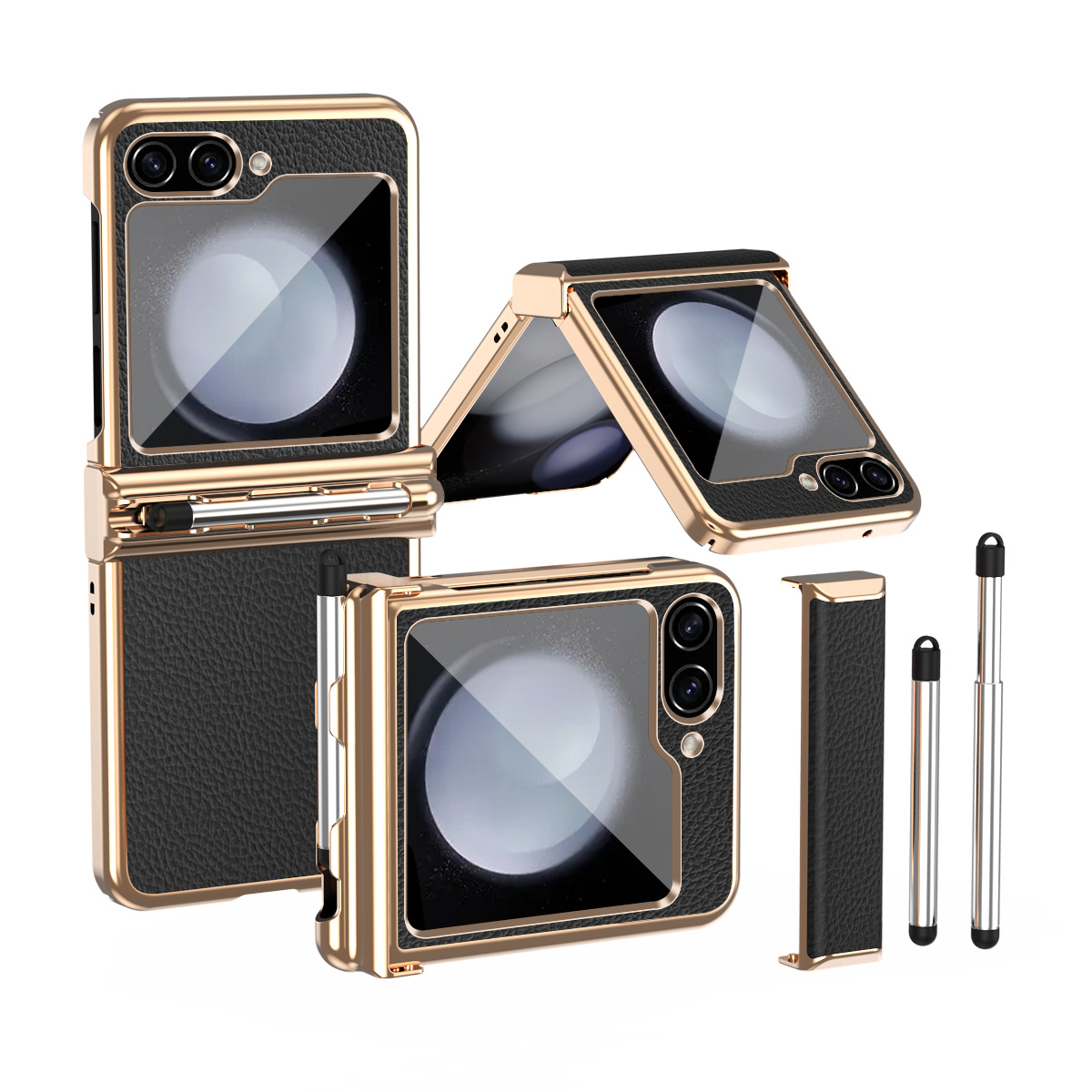 Compatible with Samsung Z Flip 6/5/4/3 phone cases, dual hinge, with S Pen stylus, electroplated leather protective case.