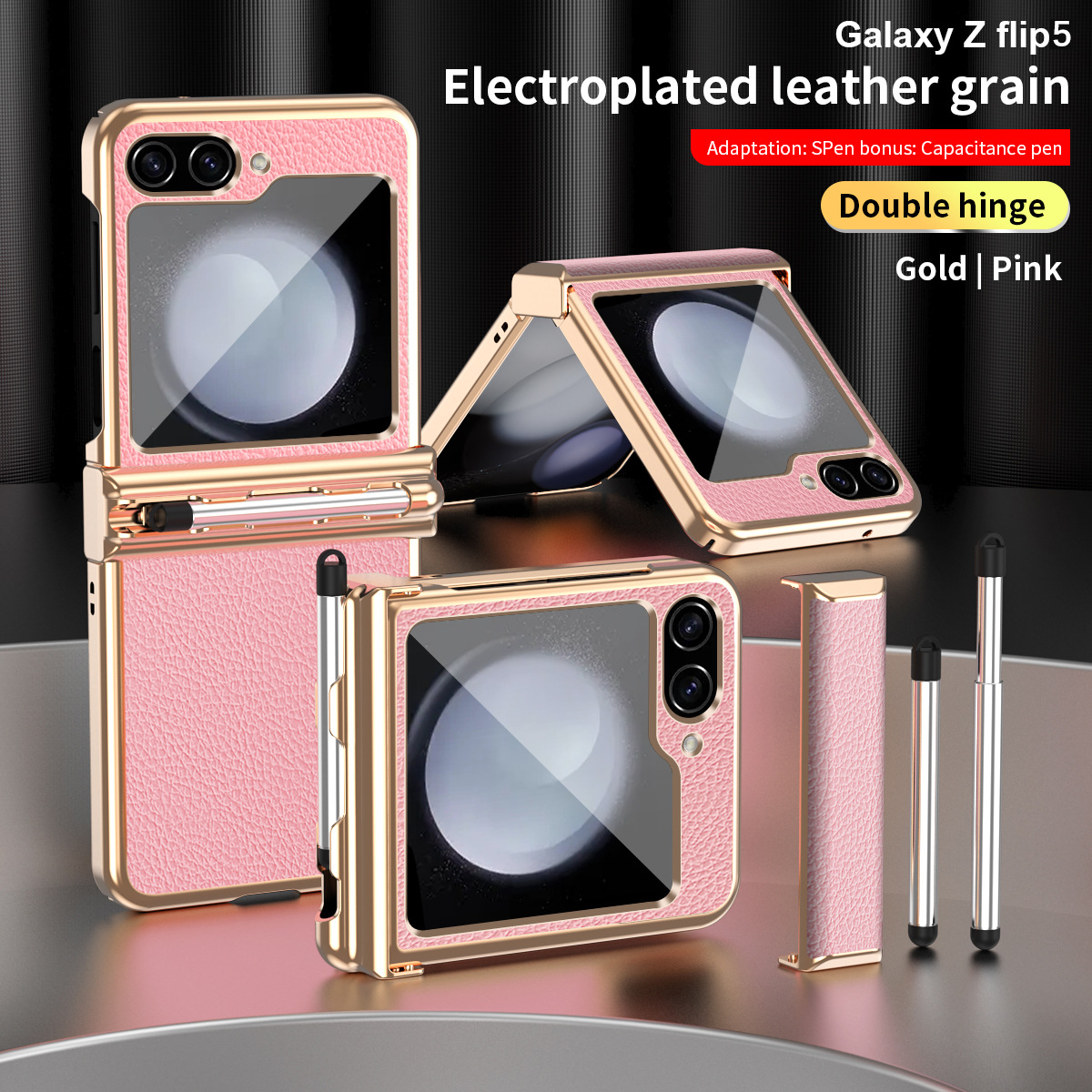 Compatible with Samsung Z Flip 6/5/4/3 phone cases, dual hinge, with S Pen stylus, electroplated leather protective case.