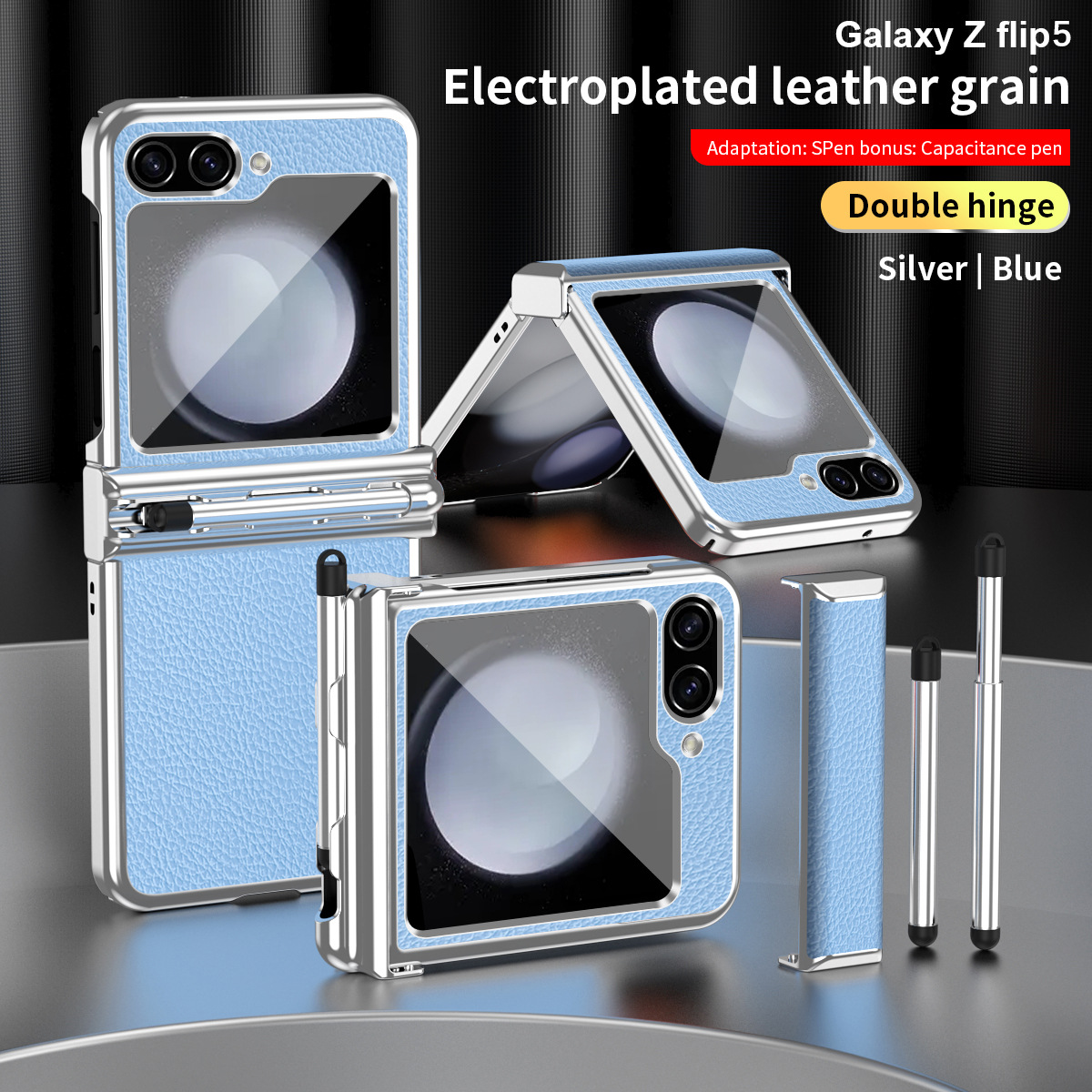 Compatible with Samsung Z Flip 6/5/4/3 phone cases, dual hinge, with S Pen stylus, electroplated leather protective case.