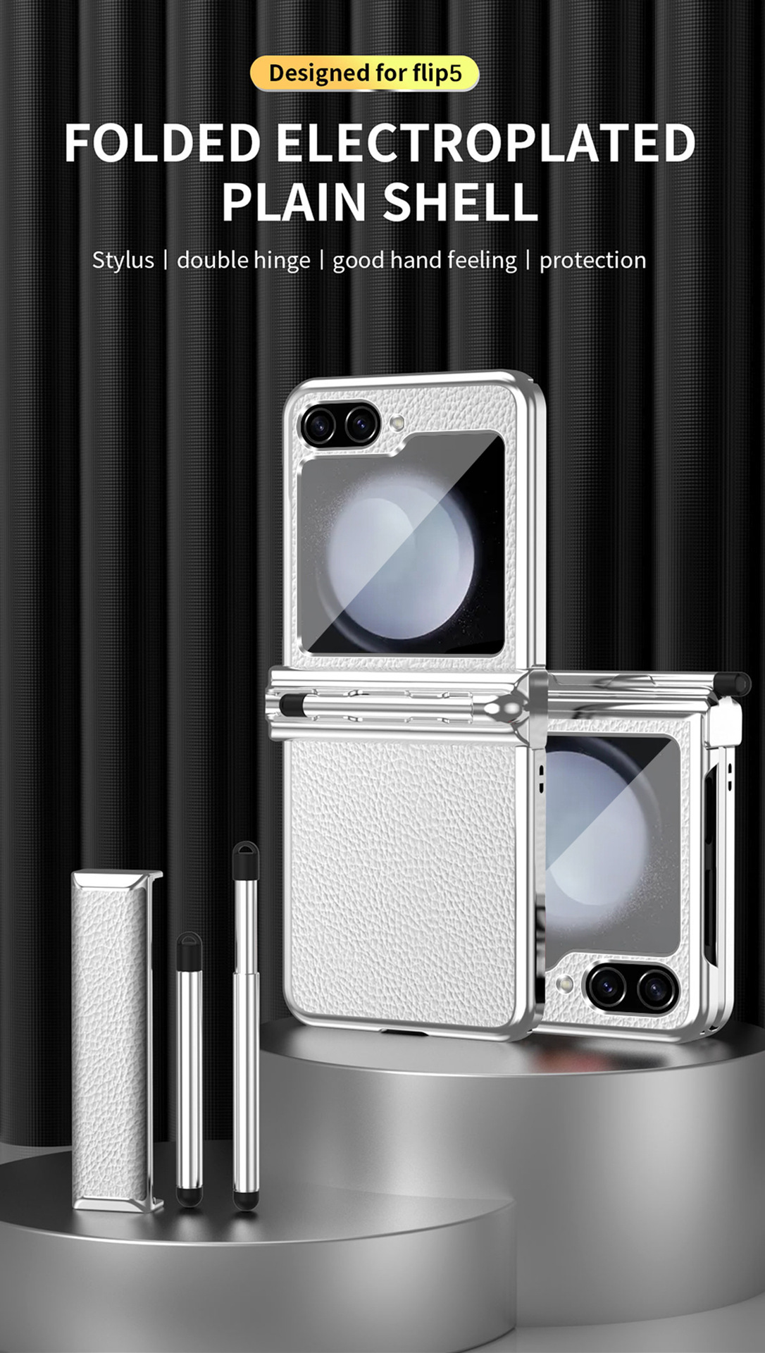 Compatible with Samsung Z Flip 6/5/4/3 phone cases, dual hinge, with S Pen stylus, electroplated leather protective case.