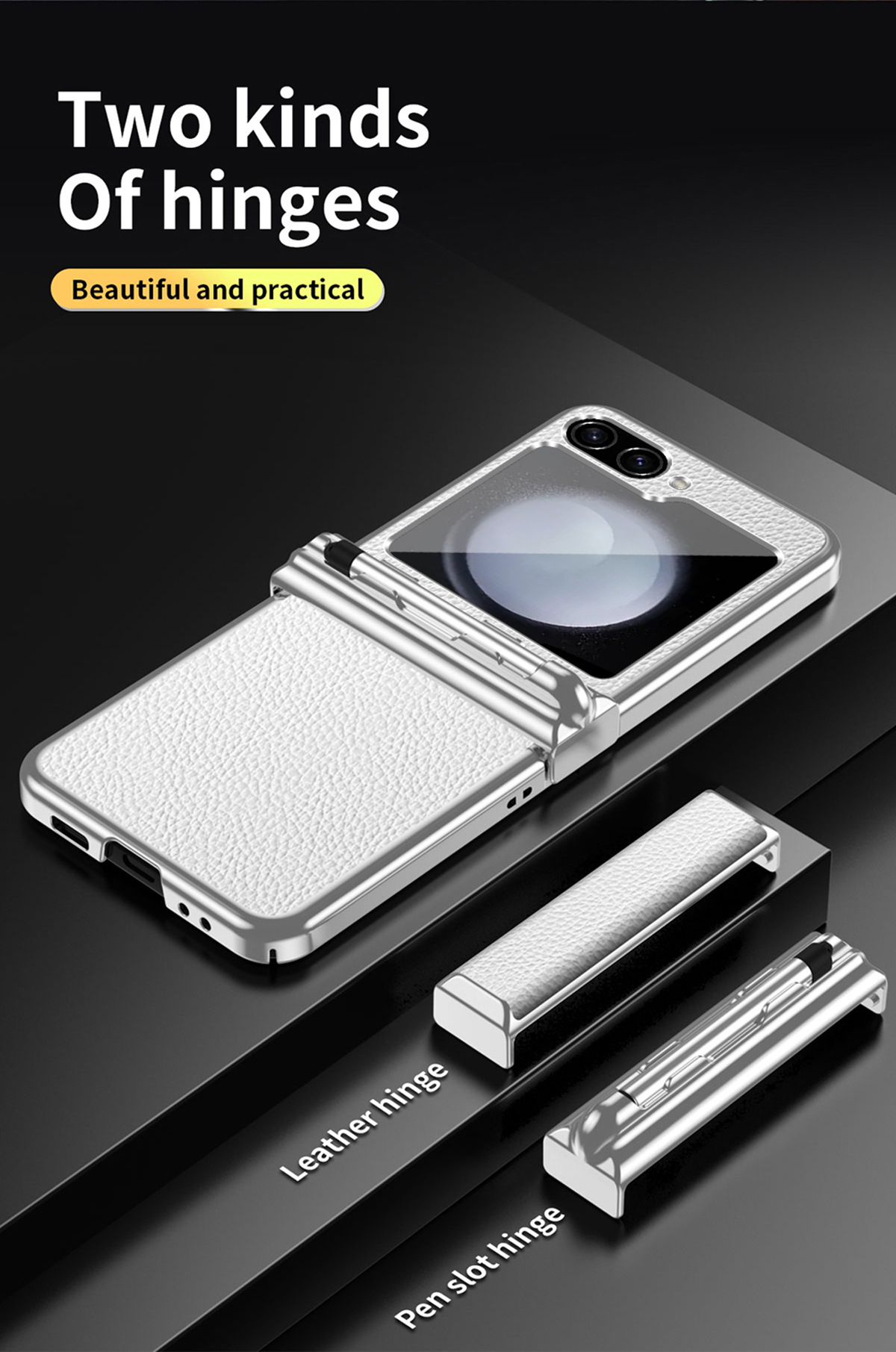Compatible with Samsung Z Flip 6/5/4/3 phone cases, dual hinge, with S Pen stylus, electroplated leather protective case.