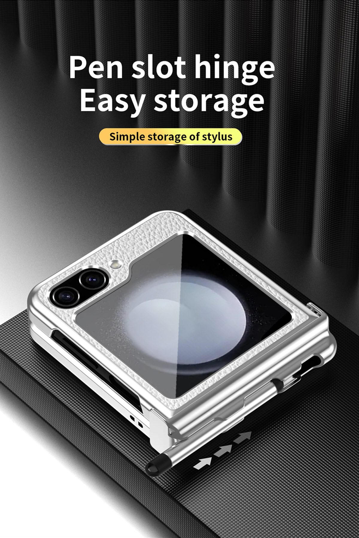 Compatible with Samsung Z Flip 6/5/4/3 phone cases, dual hinge, with S Pen stylus, electroplated leather protective case.
