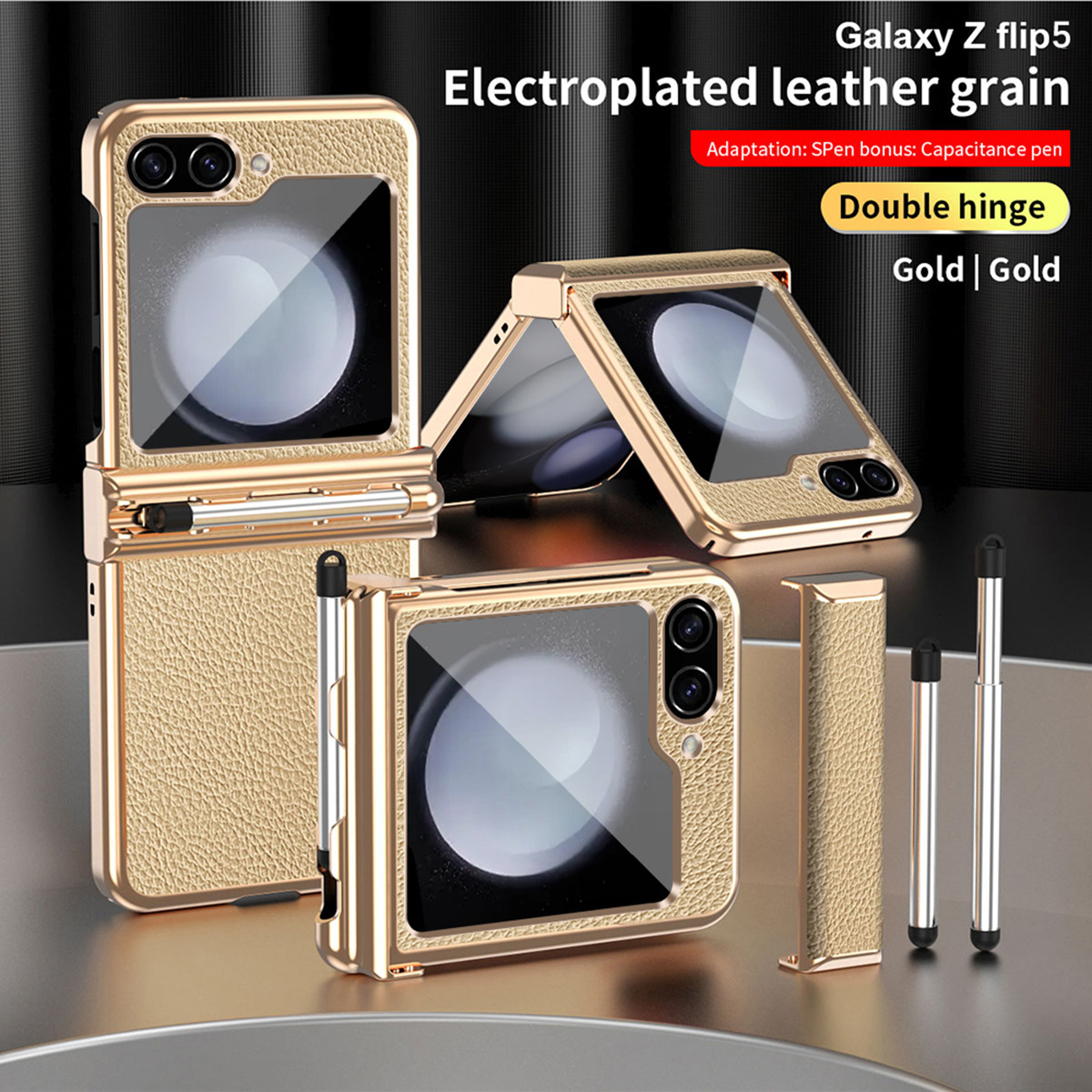 Compatible with Samsung Z Flip 6/5/4/3 phone cases, dual hinge, with S Pen stylus, electroplated leather protective case.