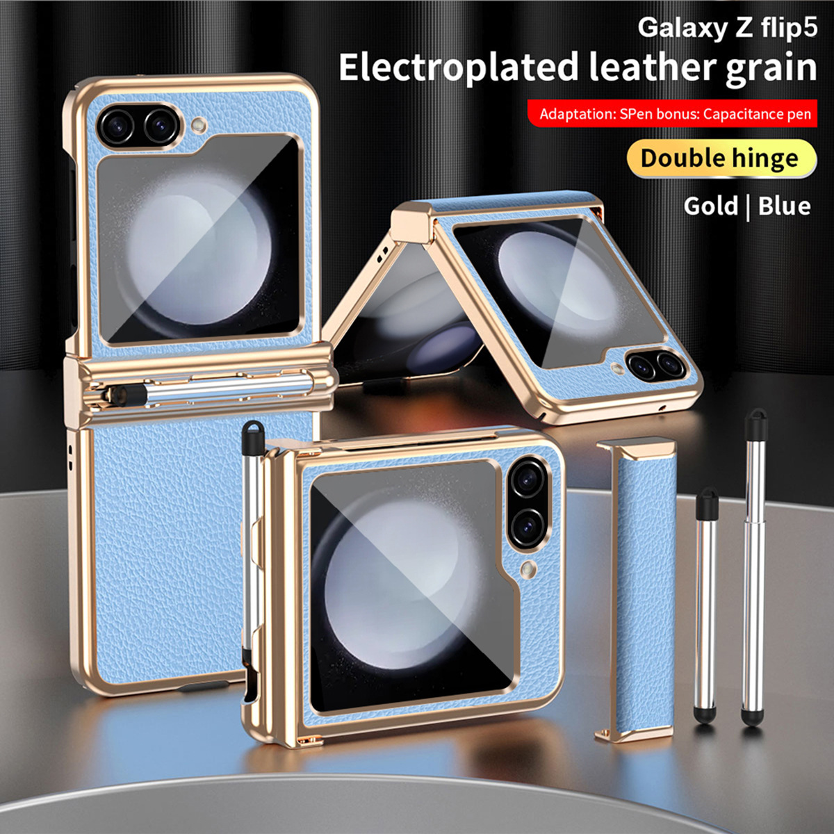 Compatible with Samsung Z Flip 6/5/4/3 phone cases, dual hinge, with S Pen stylus, electroplated leather protective case.