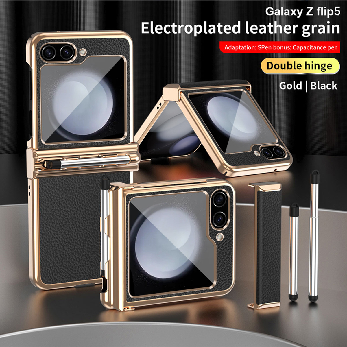 Compatible with Samsung Z Flip 6/5/4/3 phone cases, dual hinge, with S Pen stylus, electroplated leather protective case.