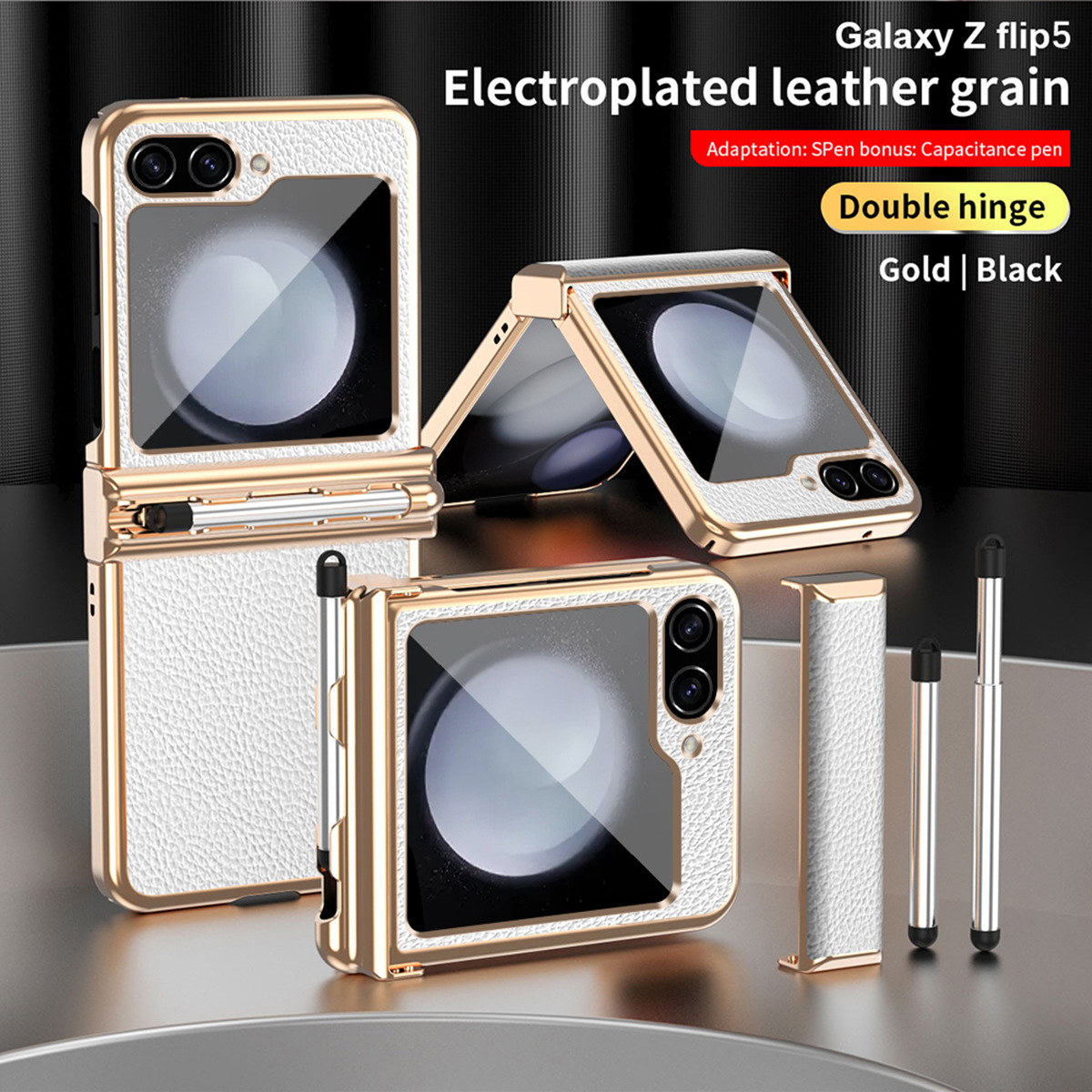Compatible with Samsung Z Flip 6/5/4/3 phone cases, dual hinge, with S Pen stylus, electroplated leather protective case.
