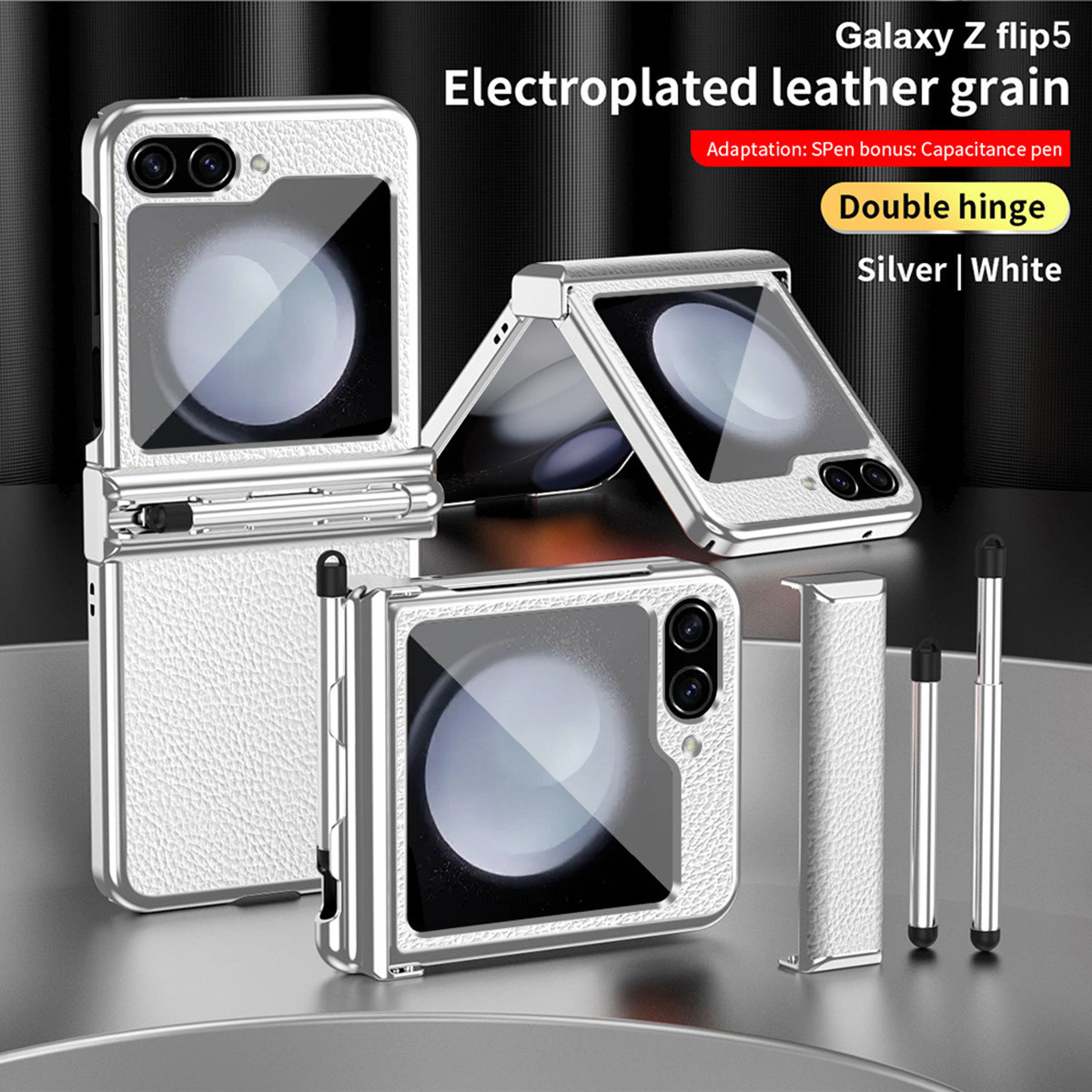 Compatible with Samsung Z Flip 6/5/4/3 phone cases, dual hinge, with S Pen stylus, electroplated leather protective case.