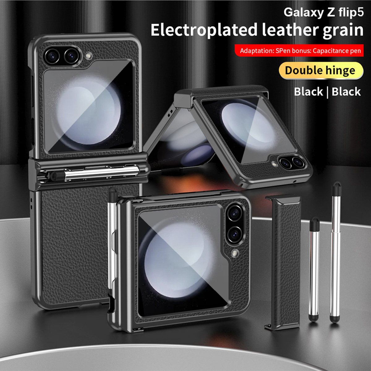 Compatible with Samsung Z Flip 6/5/4/3 phone cases, dual hinge, with S Pen stylus, electroplated leather protective case.