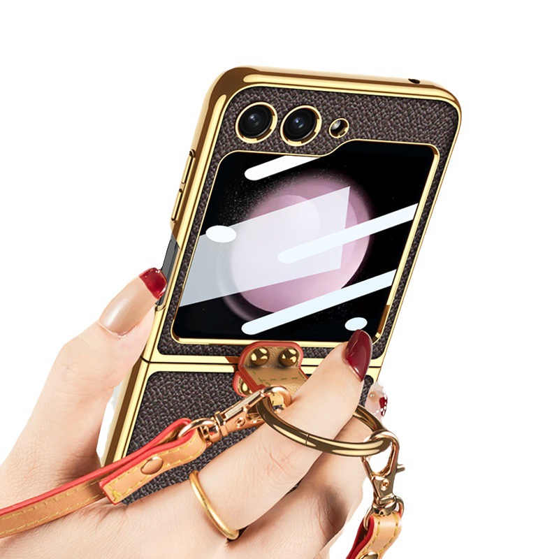 Compatible with Samsung Z Flip 6/7 phone case, electroplated back strap, ring buckle, stand, stylish folding screen protective case