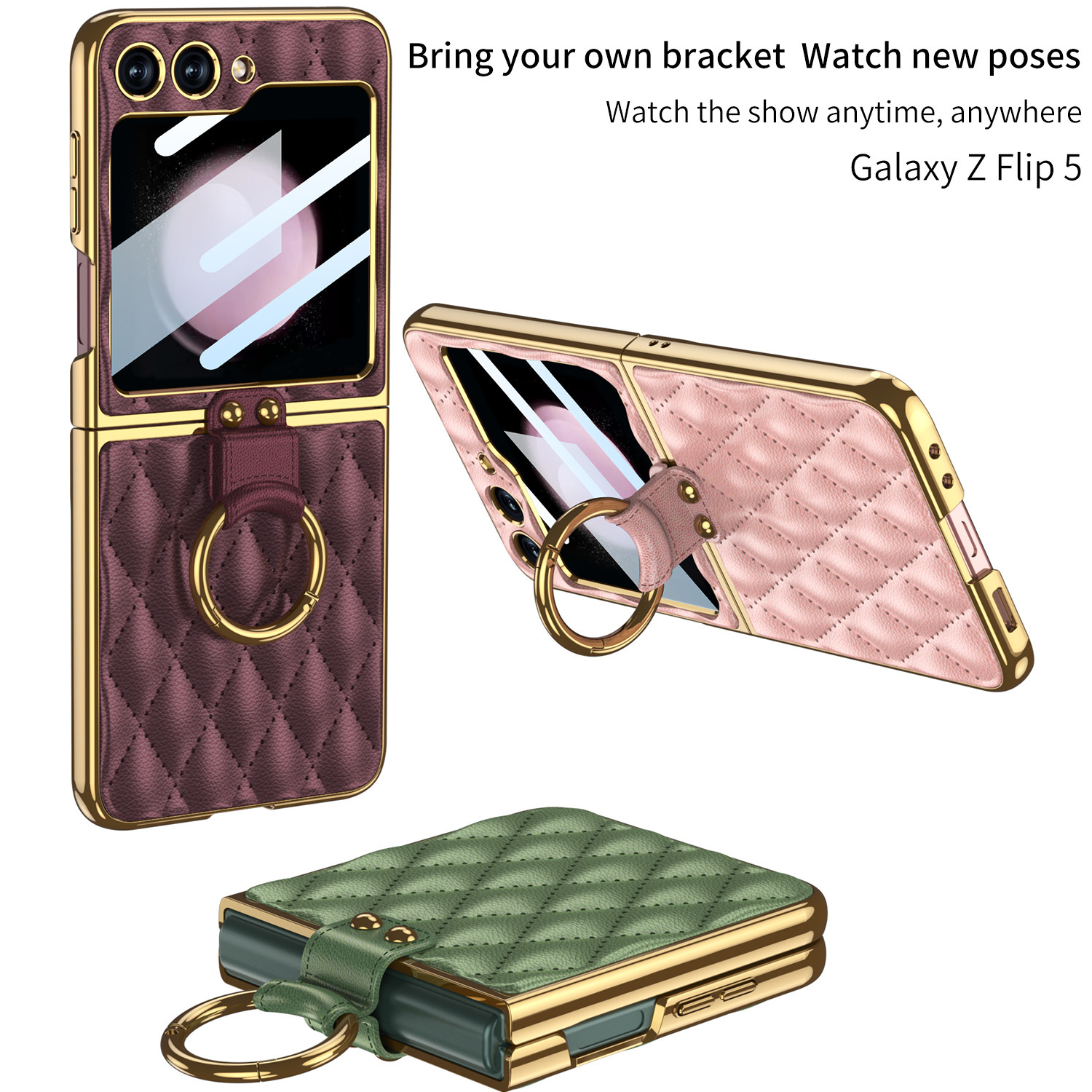 Compatible Samsung Z Flip 6/5 phone case, electroplated leather, diamond pattern, Chanel-style ring case, full-coverage protective case.