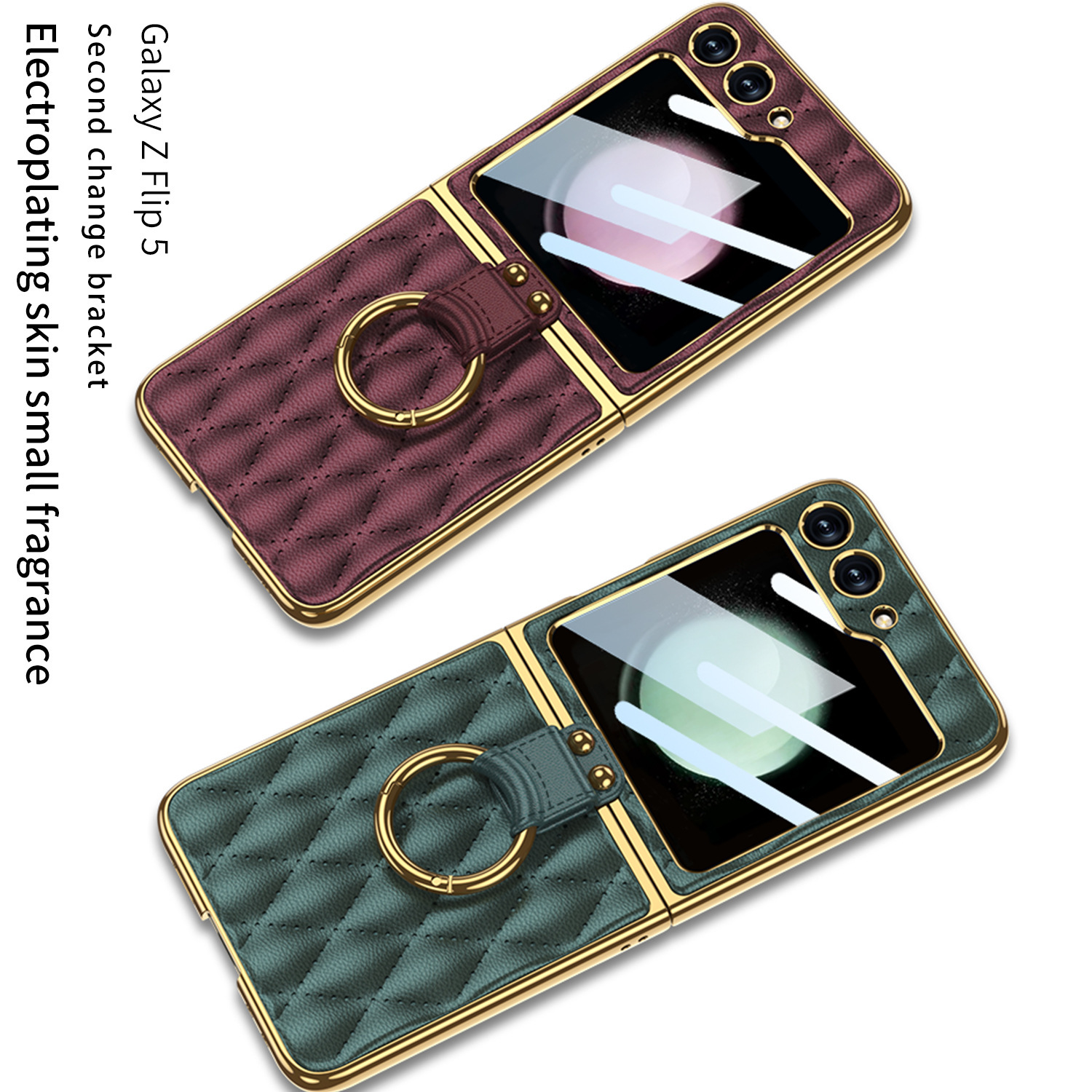Compatible Samsung Z Flip 6/5 phone case, electroplated leather, diamond pattern, Chanel-style ring case, full-coverage protective case.