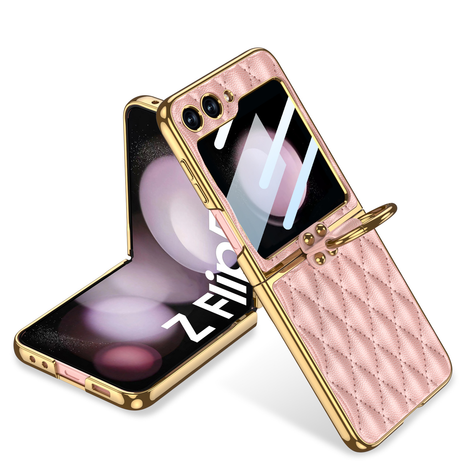 Compatible Samsung Z Flip 6/5 phone case, electroplated leather, diamond pattern, Chanel-style ring case, full-coverage protective case.