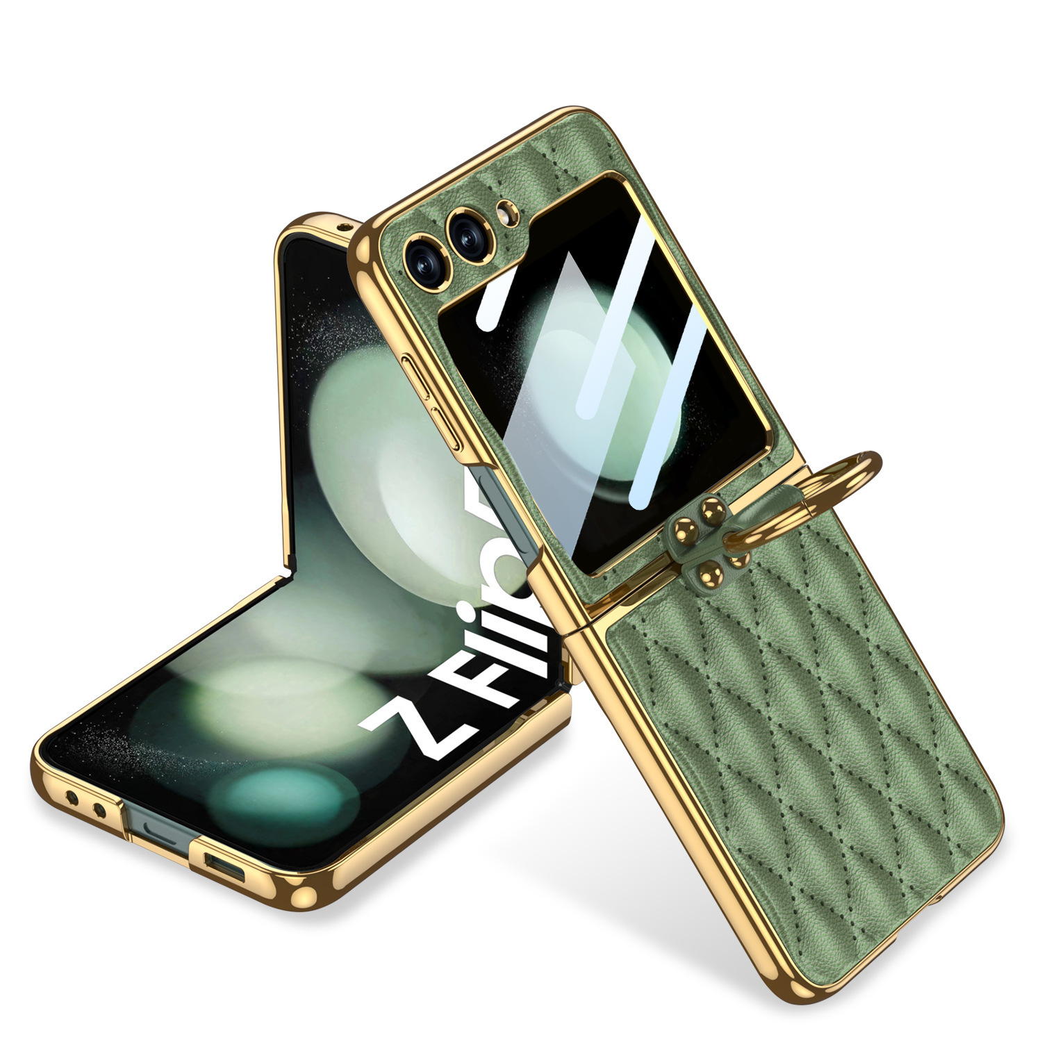 Compatible Samsung Z Flip 6/5 phone case, electroplated leather, diamond pattern, Chanel-style ring case, full-coverage protective case.
