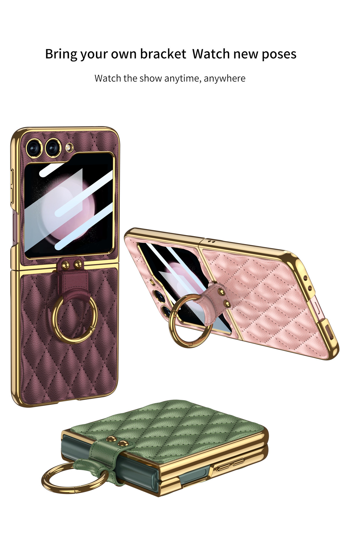 Compatible Samsung Z Flip 6/5 phone case, electroplated leather, diamond pattern, Chanel-style ring case, full-coverage protective case.