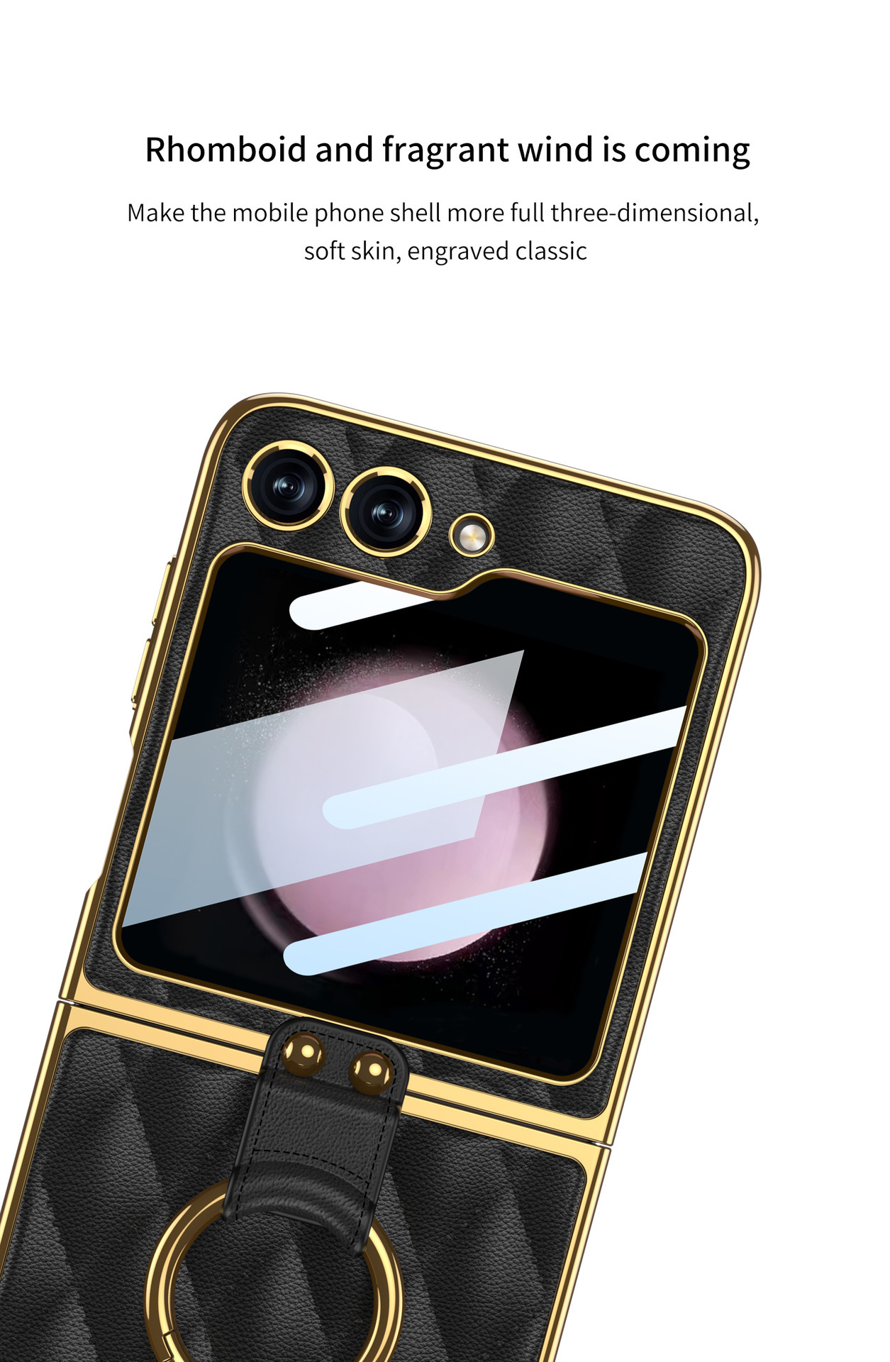 Compatible Samsung Z Flip 6/5 phone case, electroplated leather, diamond pattern, Chanel-style ring case, full-coverage protective case.