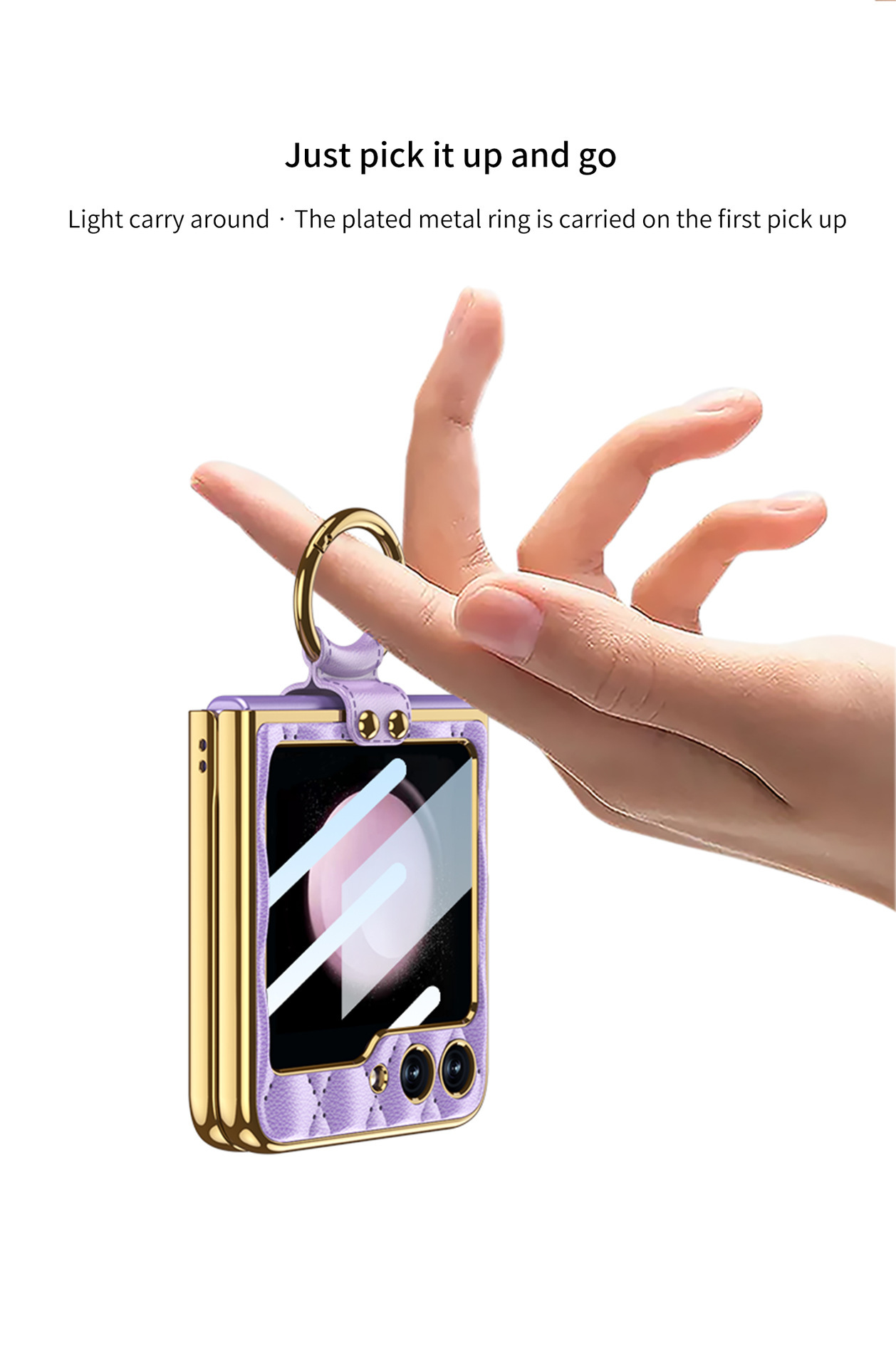Compatible Samsung Z Flip 6/5 phone case, electroplated leather, diamond pattern, Chanel-style ring case, full-coverage protective case.