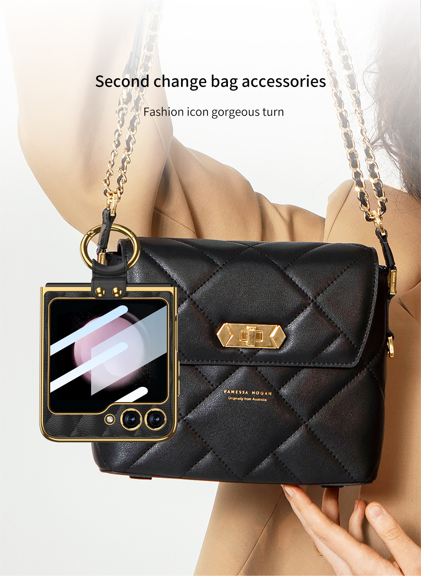 Compatible Samsung Z Flip 6/5 phone case, electroplated leather, diamond pattern, Chanel-style ring case, full-coverage protective case.