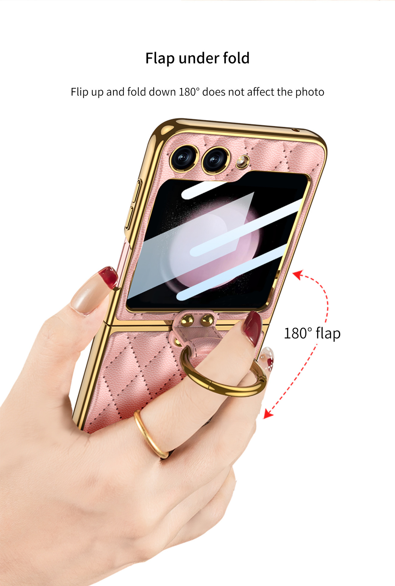 Compatible Samsung Z Flip 6/5 phone case, electroplated leather, diamond pattern, Chanel-style ring case, full-coverage protective case.