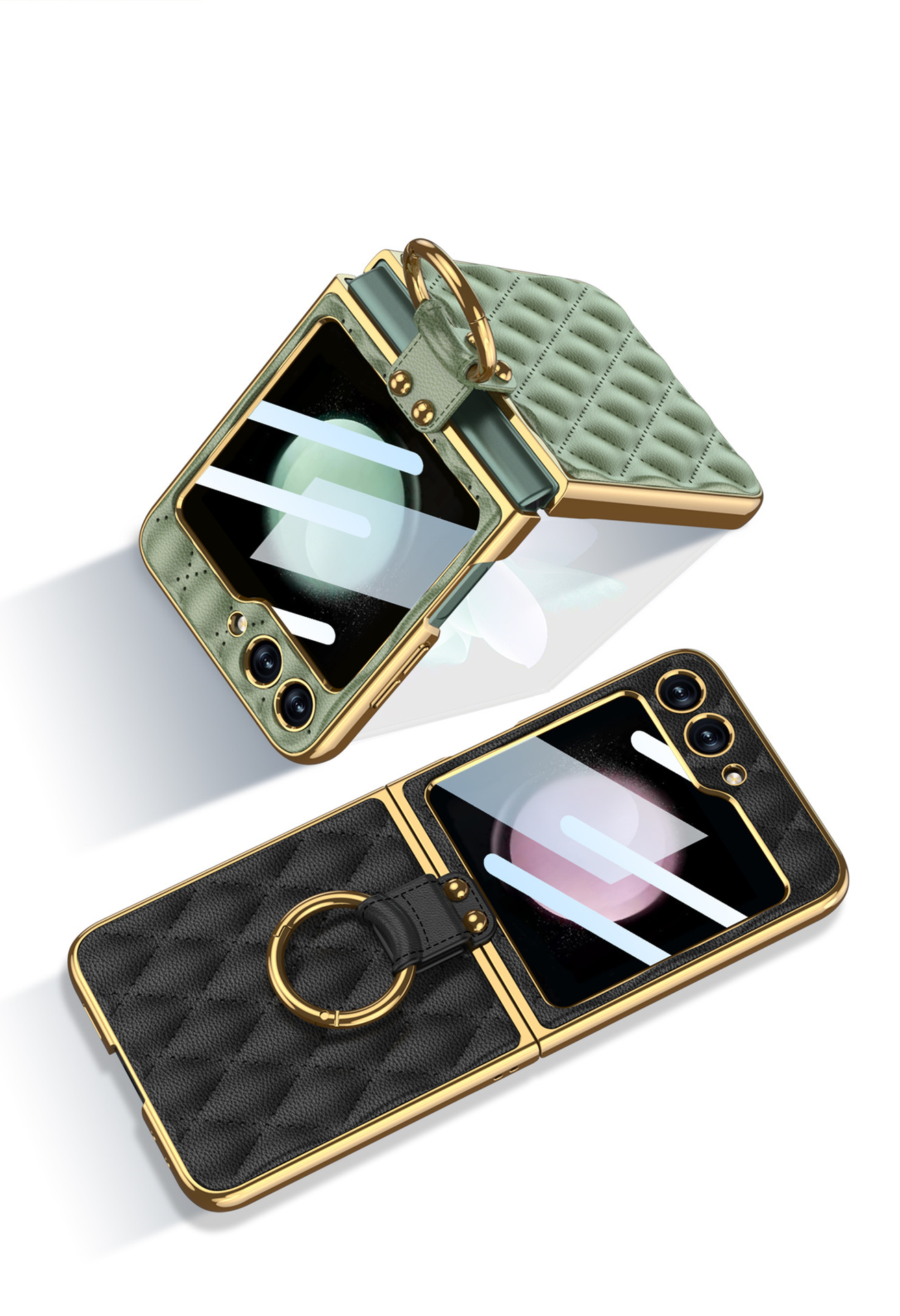 Compatible Samsung Z Flip 6/5 phone case, electroplated leather, diamond pattern, Chanel-style ring case, full-coverage protective case.
