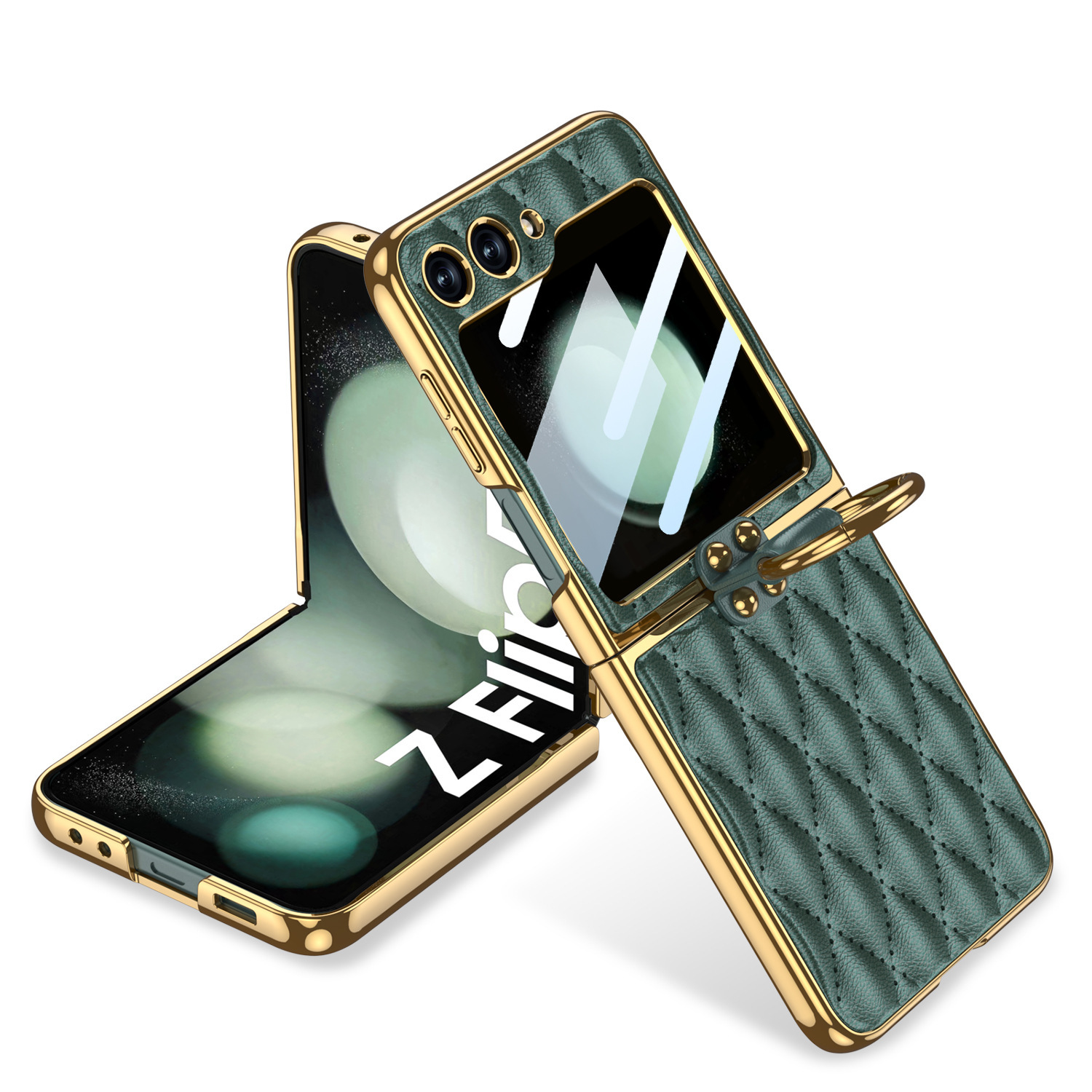 Compatible Samsung Z Flip 6/5 phone case, electroplated leather, diamond pattern, Chanel-style ring case, full-coverage protective case.