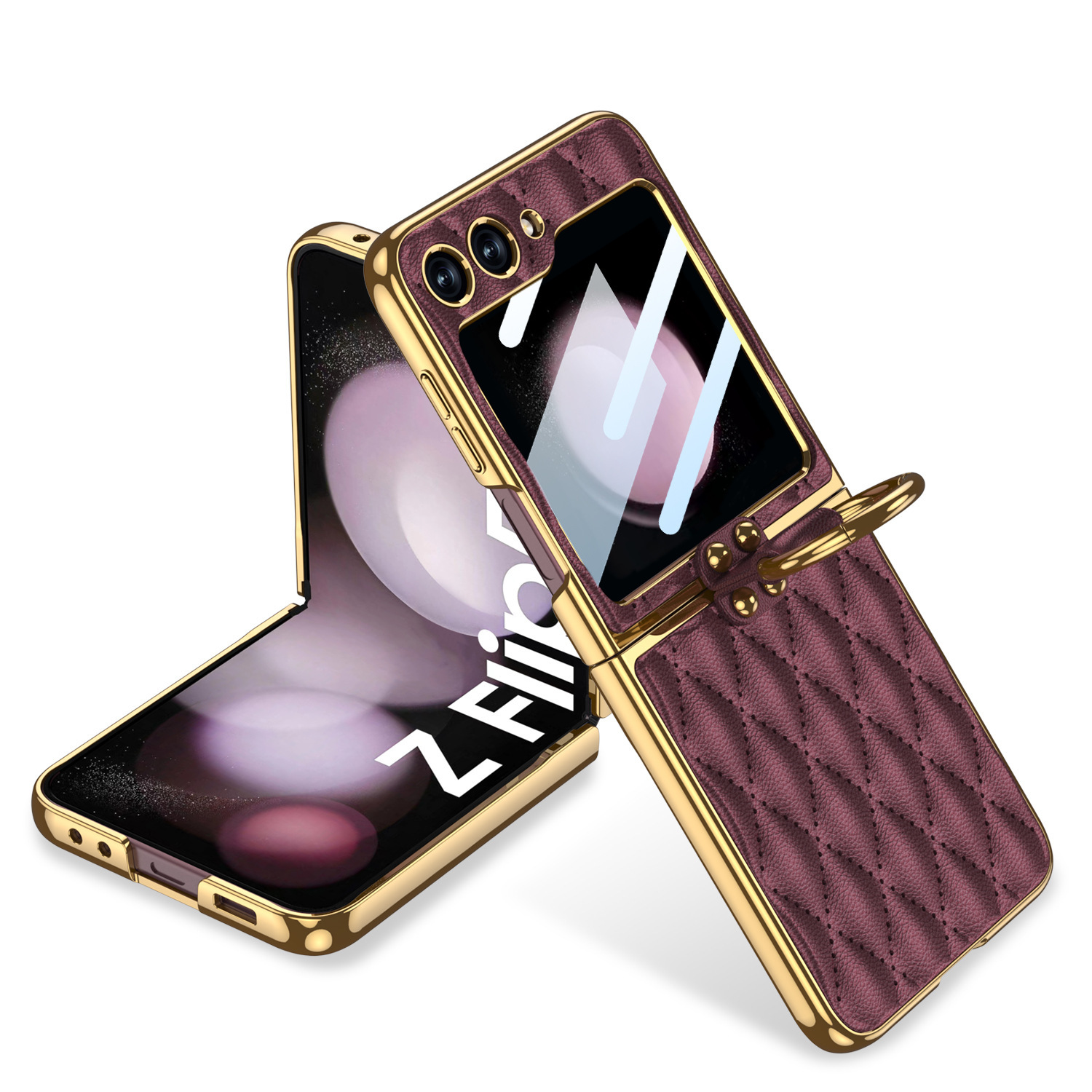 Compatible Samsung Z Flip 6/5 phone case, electroplated leather, diamond pattern, Chanel-style ring case, full-coverage protective case.