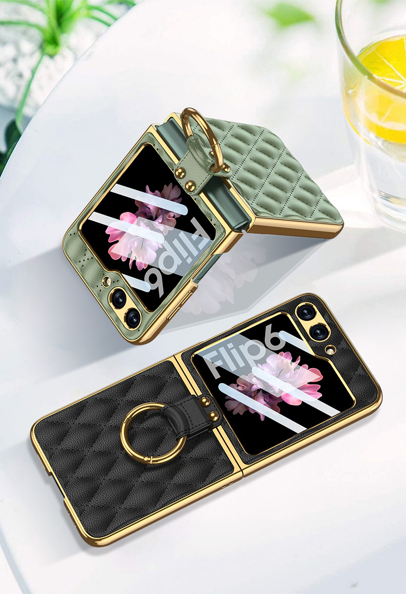 Compatible Samsung Z Flip 6/5 phone case, electroplated leather, diamond pattern, Chanel-style ring case, full-coverage protective case.