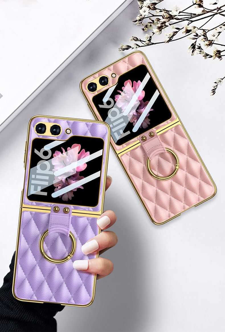 Compatible Samsung Z Flip 6/5 phone case, electroplated leather, diamond pattern, Chanel-style ring case, full-coverage protective case.