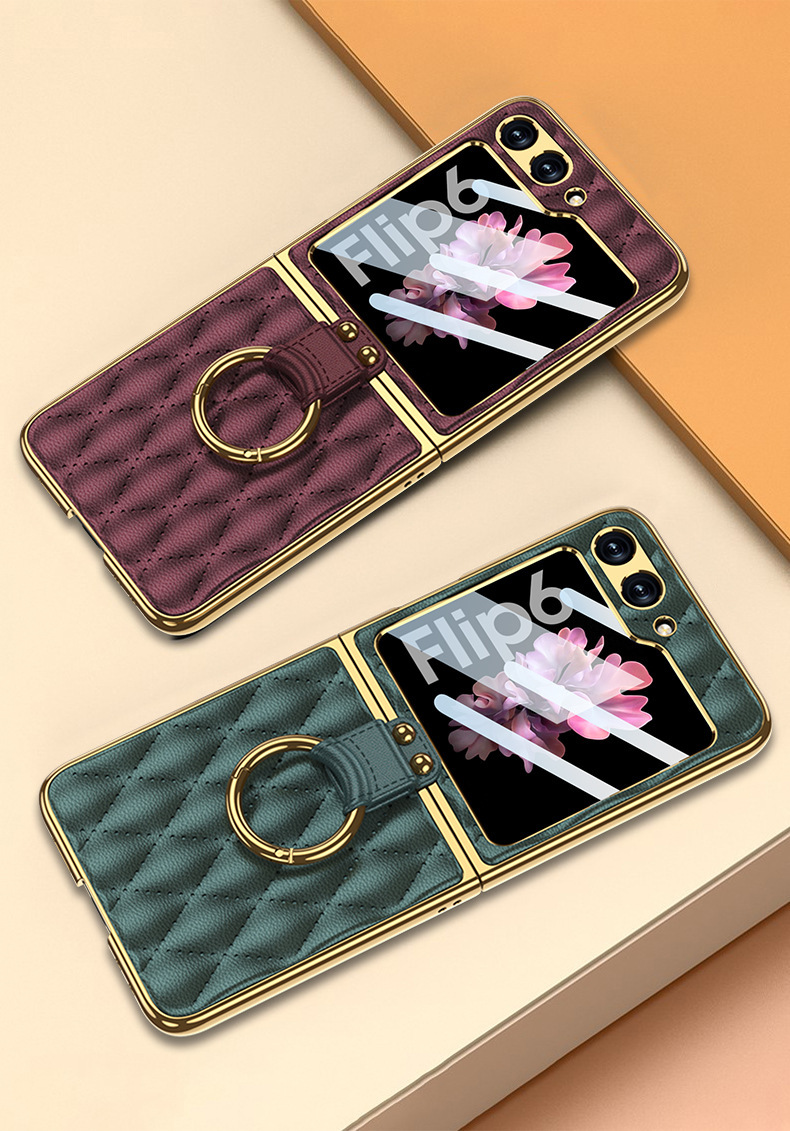 Compatible Samsung Z Flip 6/5 phone case, electroplated leather, diamond pattern, Chanel-style ring case, full-coverage protective case.