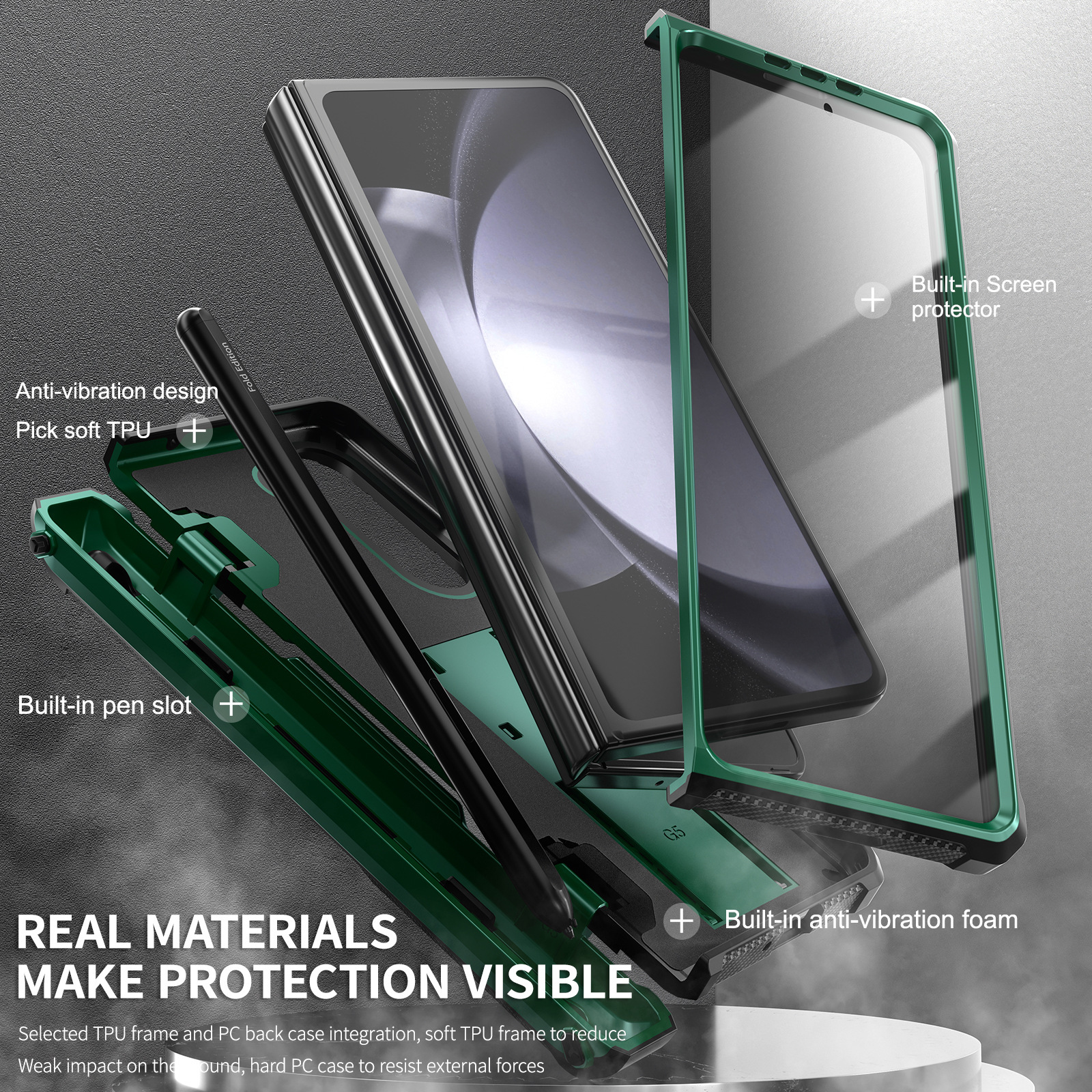 Compatible with Samsung ZFold5/4/3 phone case, hidden stand, pen slot case, full coverage foldable screen, drop-proof protective case