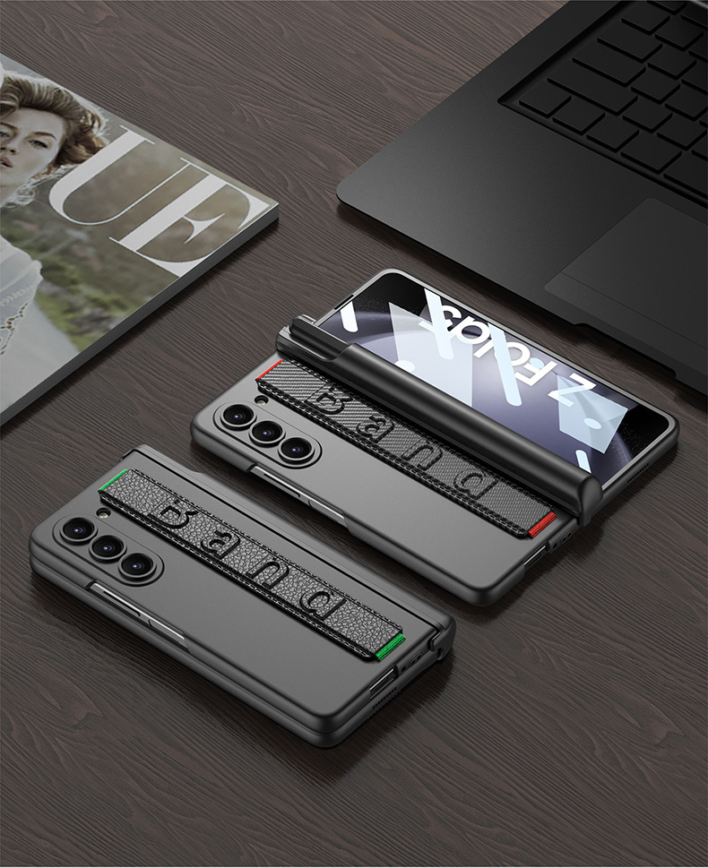 Compatible with Samsung Z Fold5/4/3 phone case, magnetic hinge, pen holder, wristband case, full-coverage business protective case.
