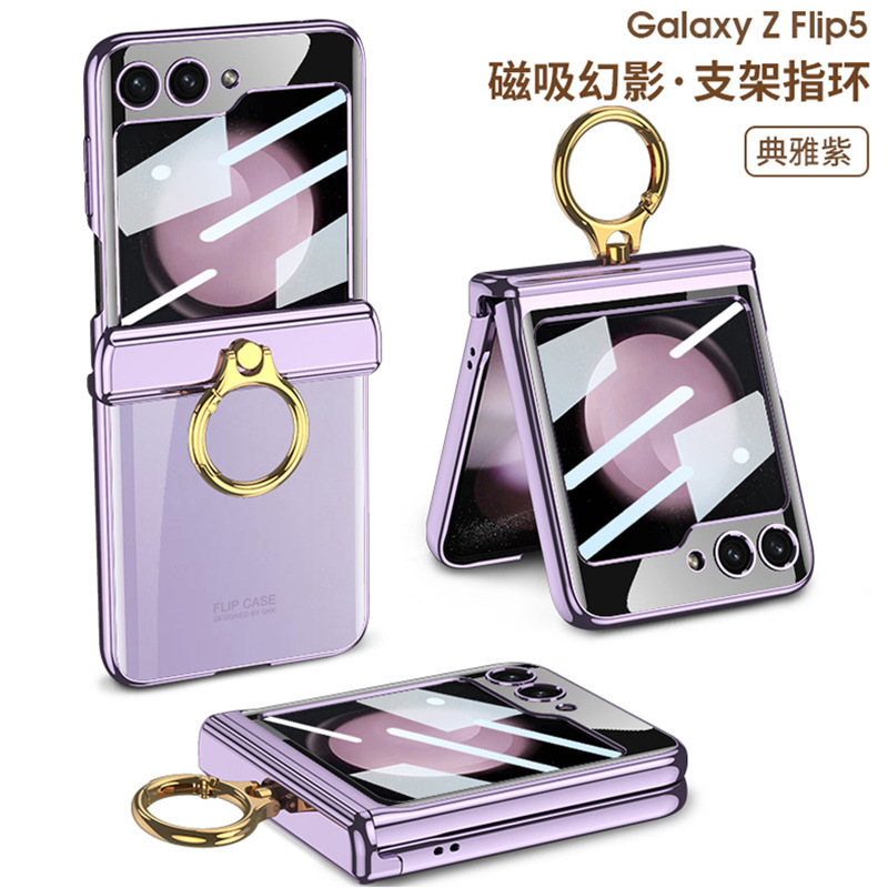 Compatible with Samsung Z Flip 6/5/4 phone case, electroplated transparent magnetic hinge ring holder, full-coverage protective case