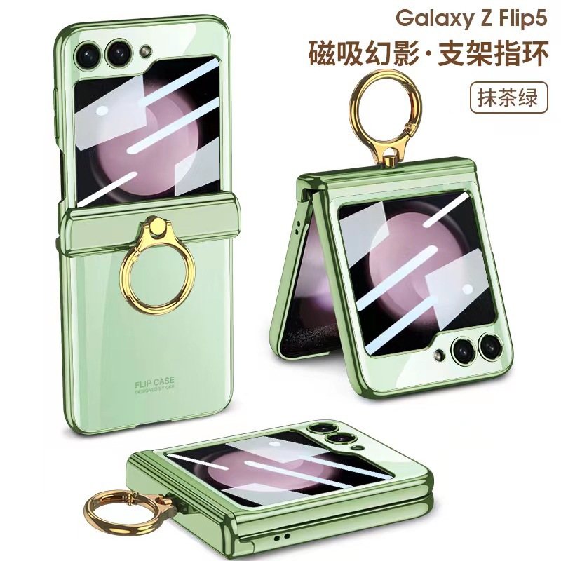 Compatible with Samsung Z Flip 6/5/4 phone case, electroplated transparent magnetic hinge ring holder, full-coverage protective case
