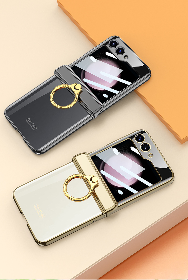 Compatible with Samsung Z Flip 6/5/4 phone case, electroplated transparent magnetic hinge ring holder, full-coverage protective case