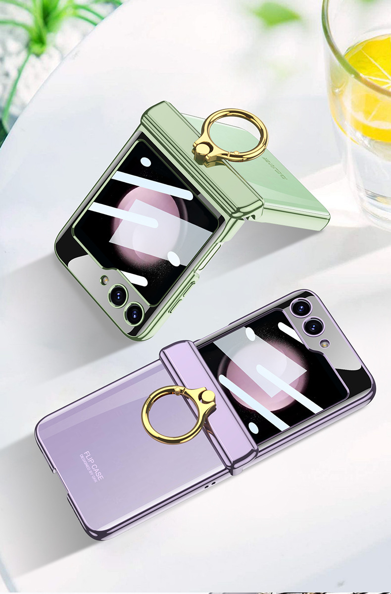 Compatible with Samsung Z Flip 6/5/4 phone case, electroplated transparent magnetic hinge ring holder, full-coverage protective case