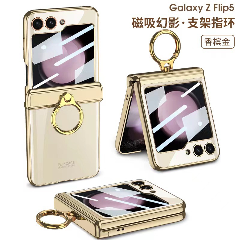 Compatible with Samsung Z Flip 6/5/4 phone case, electroplated transparent magnetic hinge ring holder, full-coverage protective case