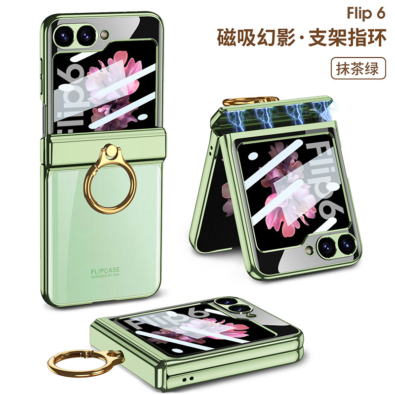 Compatible with Samsung Z Flip 6/5/4 phone case, electroplated transparent magnetic hinge ring holder, full-coverage protective case