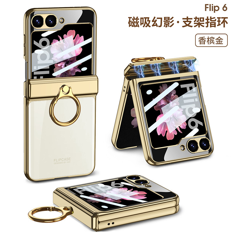 Compatible with Samsung Z Flip 6/5/4 phone case, electroplated transparent magnetic hinge ring holder, full-coverage protective case