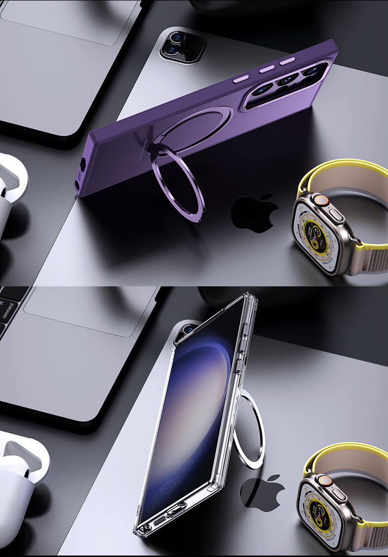 Compatible with Samsung S26/S25 Ultra phone case, 360° rotating magnetic stand, S24P transparent frosted protective case