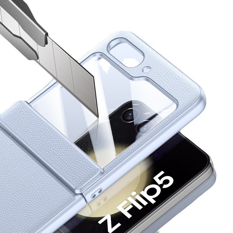Compatible with Samsung Z Flip 6/5 phone case, vegan leather, spring hinge, integrated screen protector, foldable screen, drop-proof protective case.