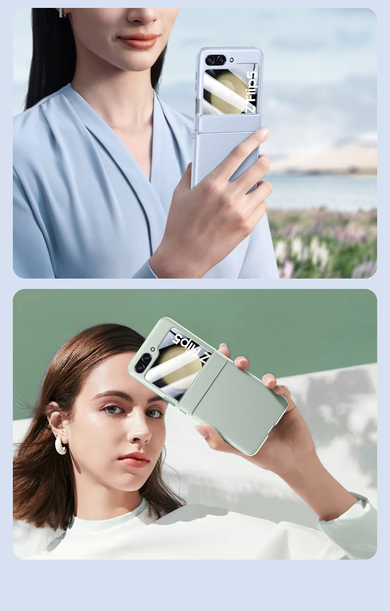 Compatible with Samsung Z Flip 6/5 phone case, vegan leather, spring hinge, integrated screen protector, foldable screen, drop-proof protective case.