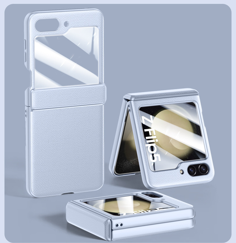 Compatible with Samsung Z Flip 6/5 phone case, vegan leather, spring hinge, integrated screen protector, foldable screen, drop-proof protective case.