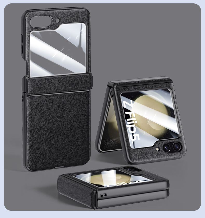 Compatible with Samsung Z Flip 6/5 phone case, vegan leather, spring hinge, integrated screen protector, foldable screen, drop-proof protective case.