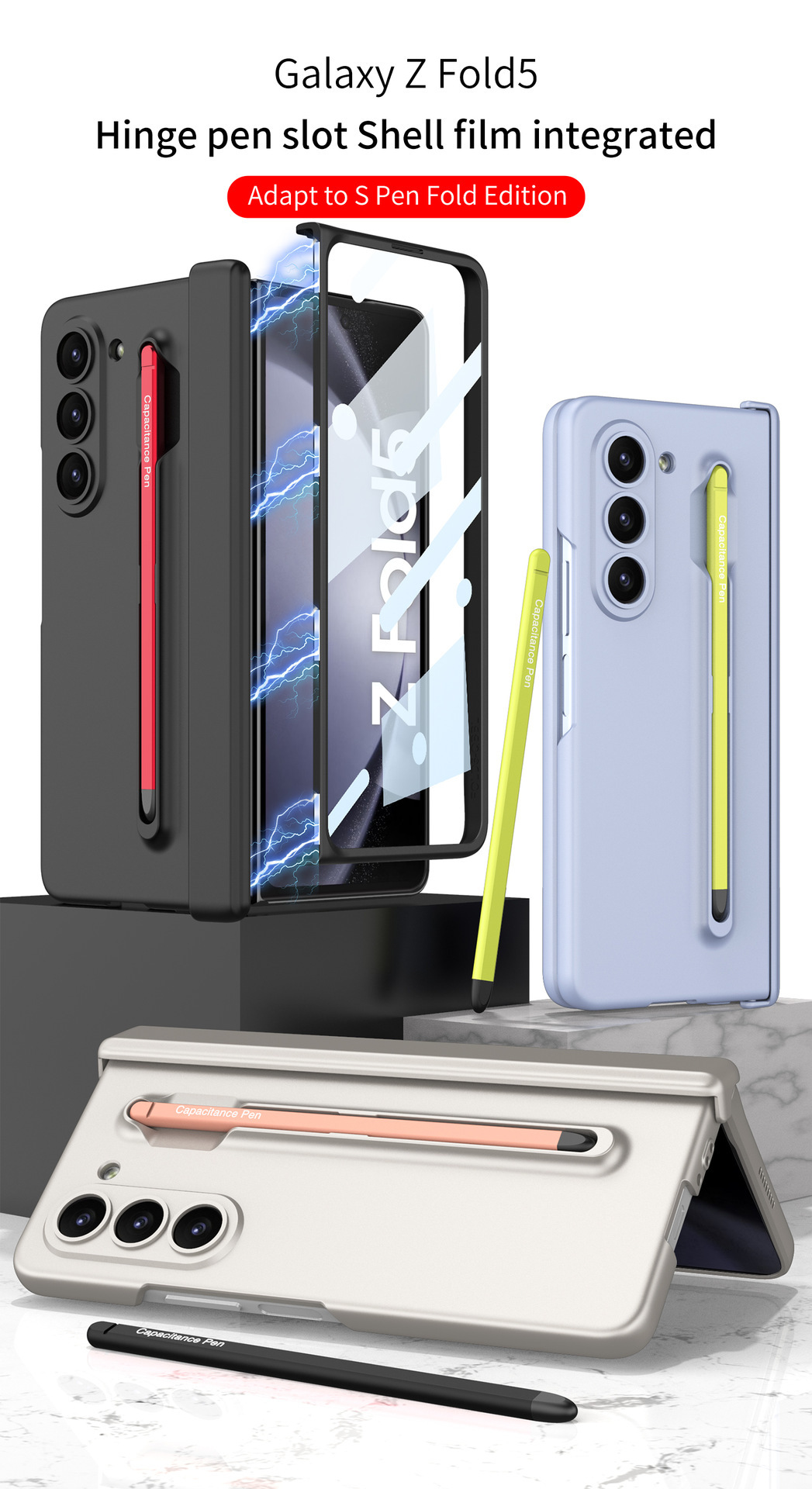 Compatible with Samsung Z Fold6/5 phone case, pen slot, magnetic swivel hinge, and folding screen protector.