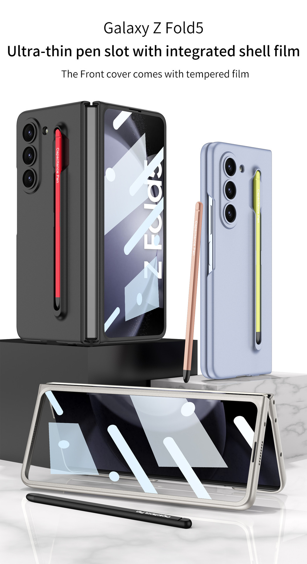Samsung Z Fold5 Phone Case with Pen Slot and Stylus, Ultra-thin Integrated Screen Protector, New Folding Protective Case
