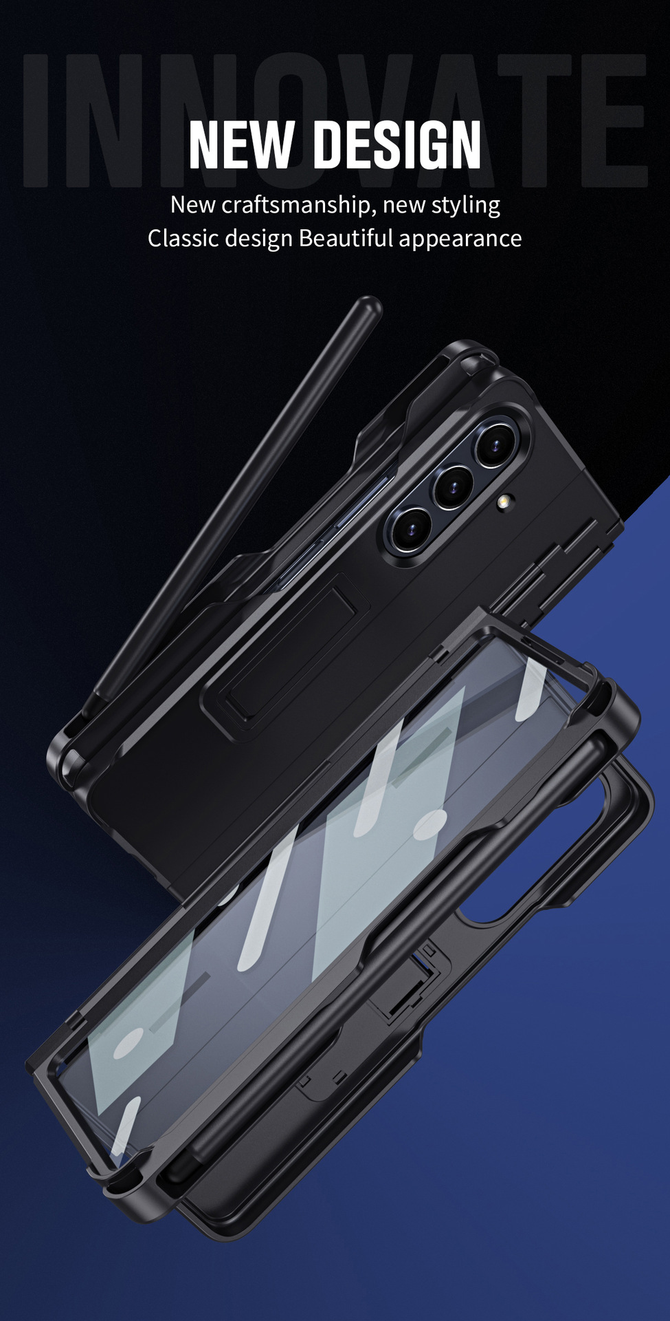 Compatible with Samsung Z Fold8U phone case 7/6/5 with side pen slot, pen hinge, 4/3 full-coverage case, screen protector, and stand.