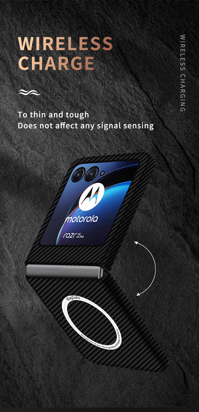 Compatible with Motorola Razr 60/50 Ultra phone case, wireless charging, magnetic closure, 40U carbon fiber textured protective case